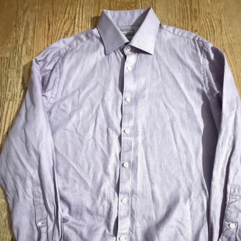 Mens Michael Kors Button Down Dress Shirt SZ 17 34/35 XL SLIM FIT PURPLE WHITE
